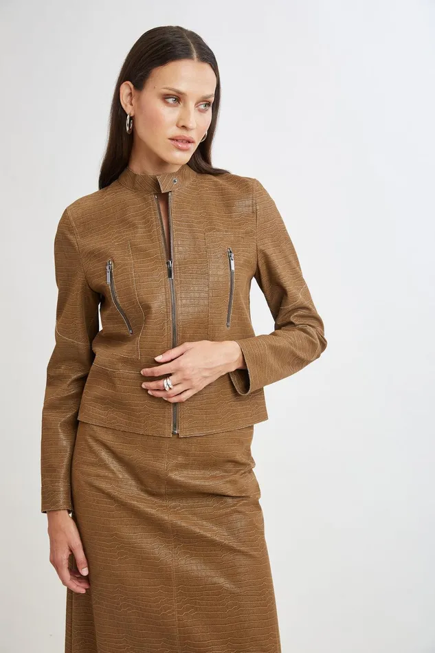 Elie Tahari Croco Embossed Vegan Leather Motto Jacket Caramel Women Suiting