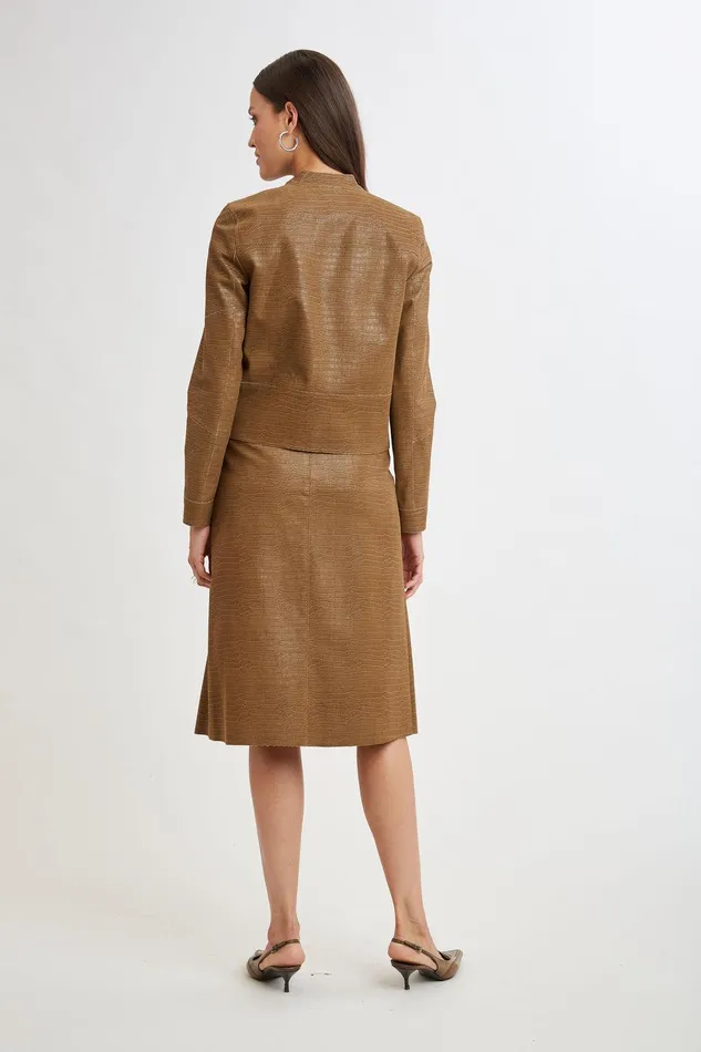 Elie Tahari Croco Embossed Vegan Leather Motto Jacket Caramel Women Suiting