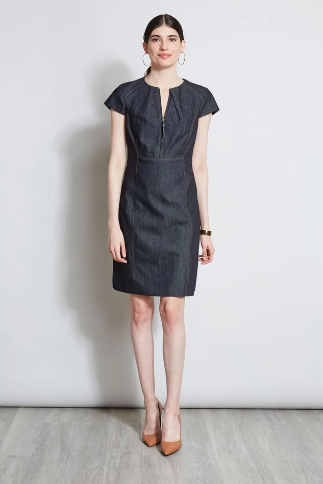 Elie Tahari Denim Fit and Flare Zip Dress Indigo Women Dresses and Jumpsuits