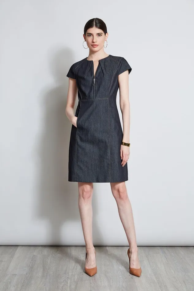 Elie Tahari Denim Fit and Flare Zip Dress Indigo Women Dresses and Jumpsuits