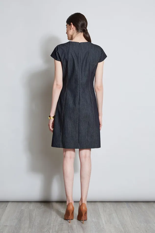 Elie Tahari Denim Fit and Flare Zip Dress Indigo Women Dresses and Jumpsuits