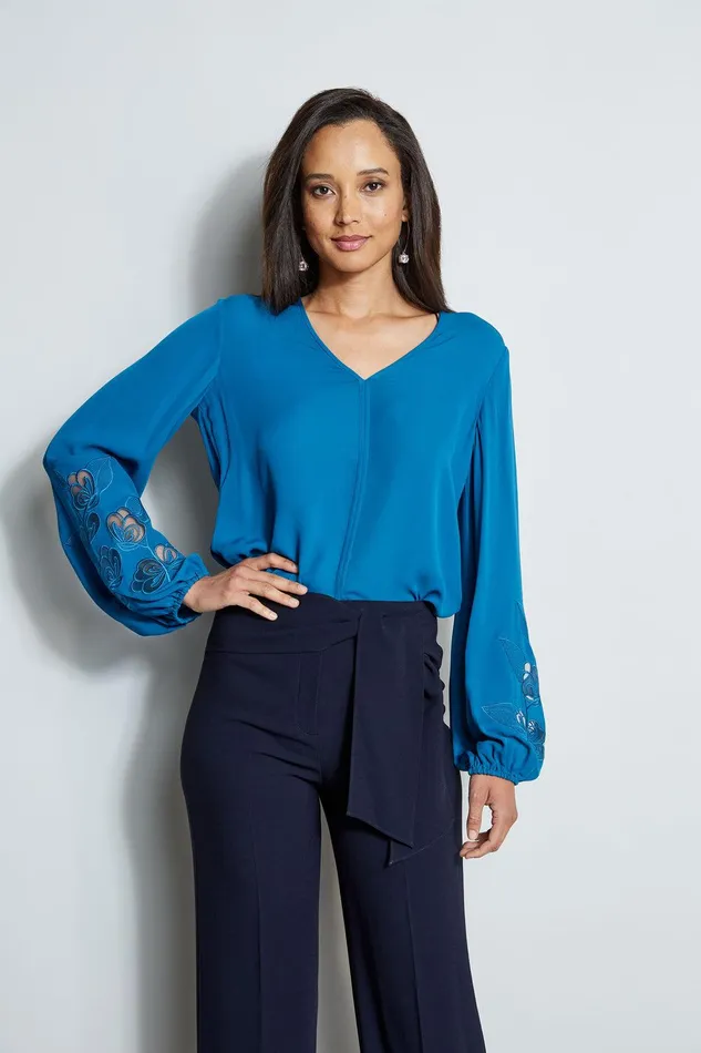 Elie Tahari Embroidered Long Sleeve Shirt Pacific Blue Women Tops