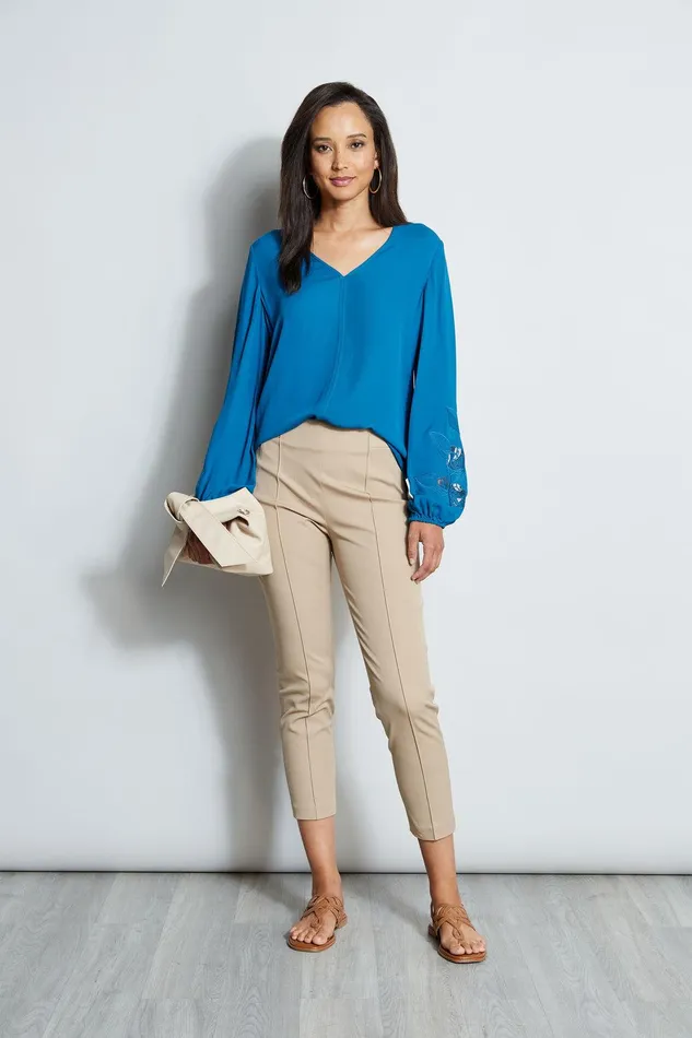 Elie Tahari Embroidered Long Sleeve Shirt Pacific Blue Women Tops