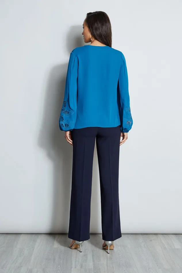 Elie Tahari Embroidered Long Sleeve Shirt Pacific Blue Women Tops