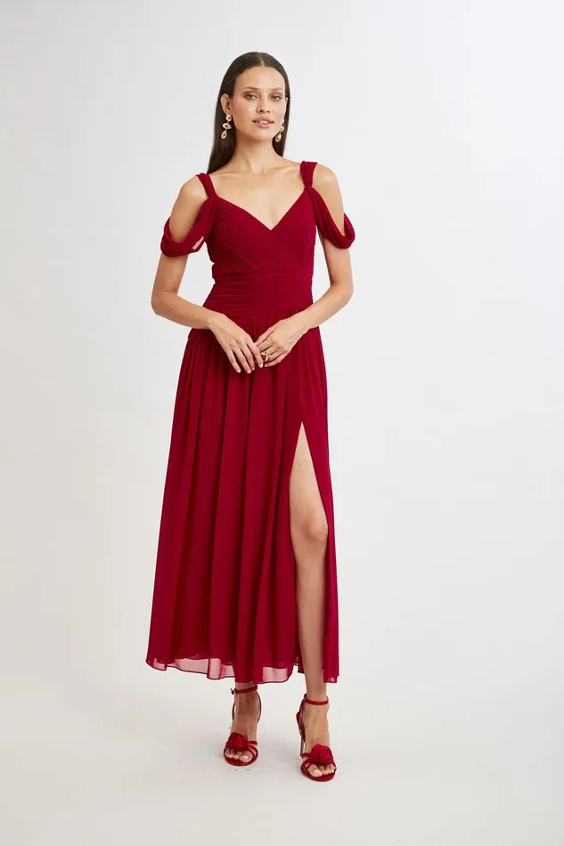 Elie Tahari Georgette Cold Shoulder Gown Garnet Women Dresses and Jumpsuits