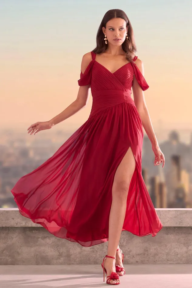 Elie Tahari Georgette Cold Shoulder Gown Garnet Women Dresses and Jumpsuits