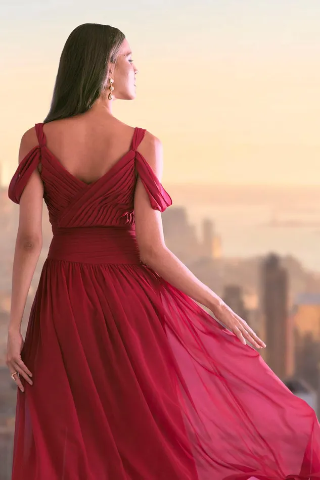 Elie Tahari Georgette Cold Shoulder Gown Garnet Women Dresses and Jumpsuits
