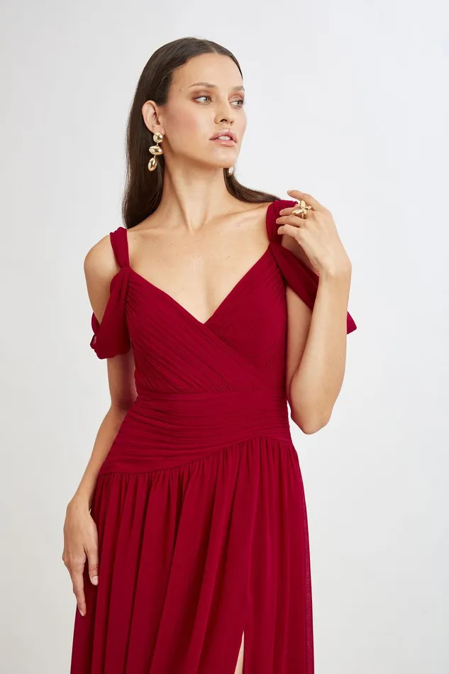 Elie Tahari Georgette Cold Shoulder Gown Garnet Women Dresses and Jumpsuits