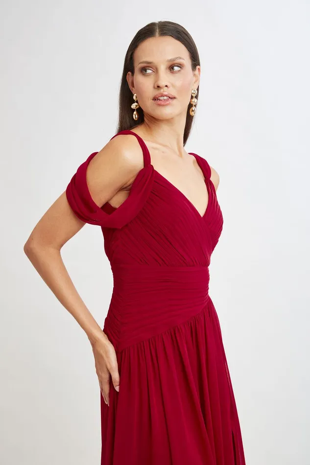 Elie Tahari Georgette Cold Shoulder Gown Garnet Women Dresses and Jumpsuits