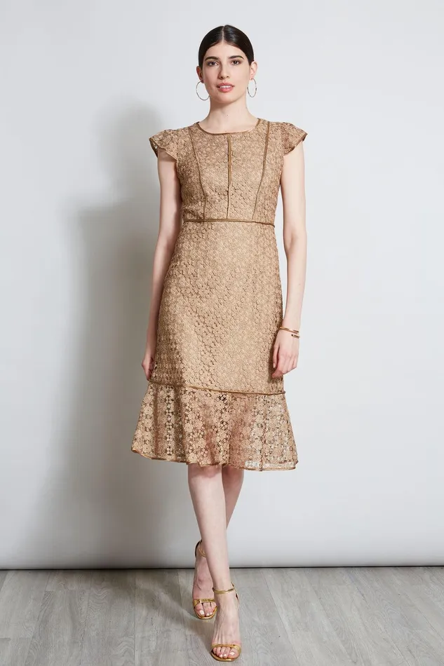 Elie Tahari Lace Flutter Sleeve Dress Gold Women Dresses and Jumpsuits