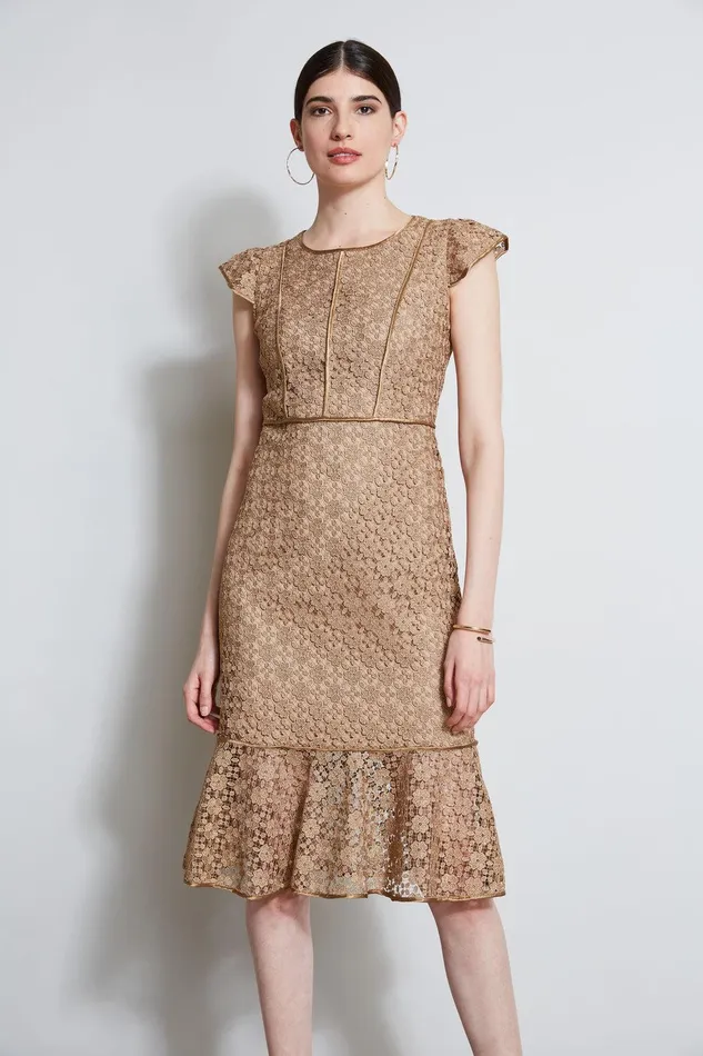 Elie Tahari Lace Flutter Sleeve Dress Gold Women Dresses and Jumpsuits