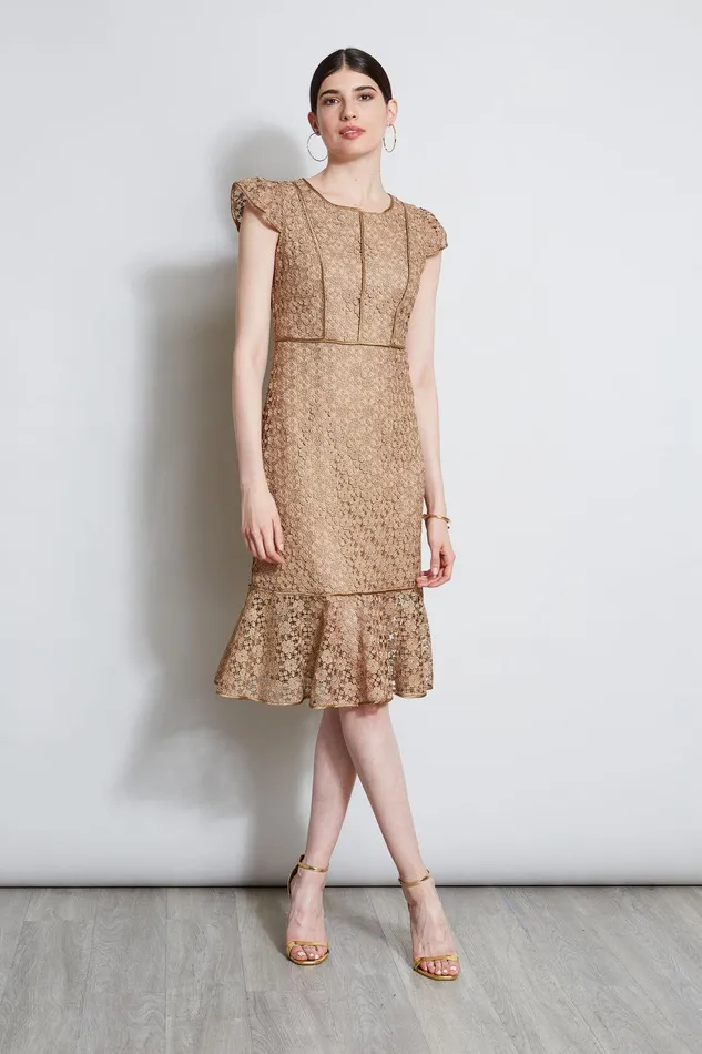Elie Tahari Lace Flutter Sleeve Dress Gold Women Dresses and Jumpsuits