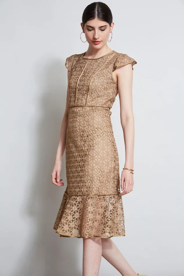 Elie Tahari Lace Flutter Sleeve Dress Gold Women Dresses and Jumpsuits
