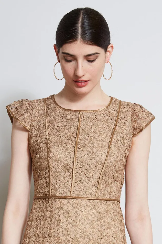 Elie Tahari Lace Flutter Sleeve Dress Gold Women Dresses and Jumpsuits