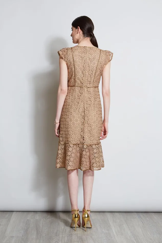 Elie Tahari Lace Flutter Sleeve Dress Gold Women Dresses and Jumpsuits