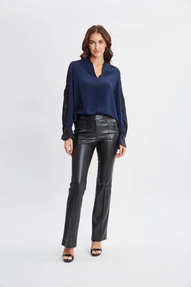 Elie Tahari Lace Sleeve Silk Shirt Midnight Women Tops