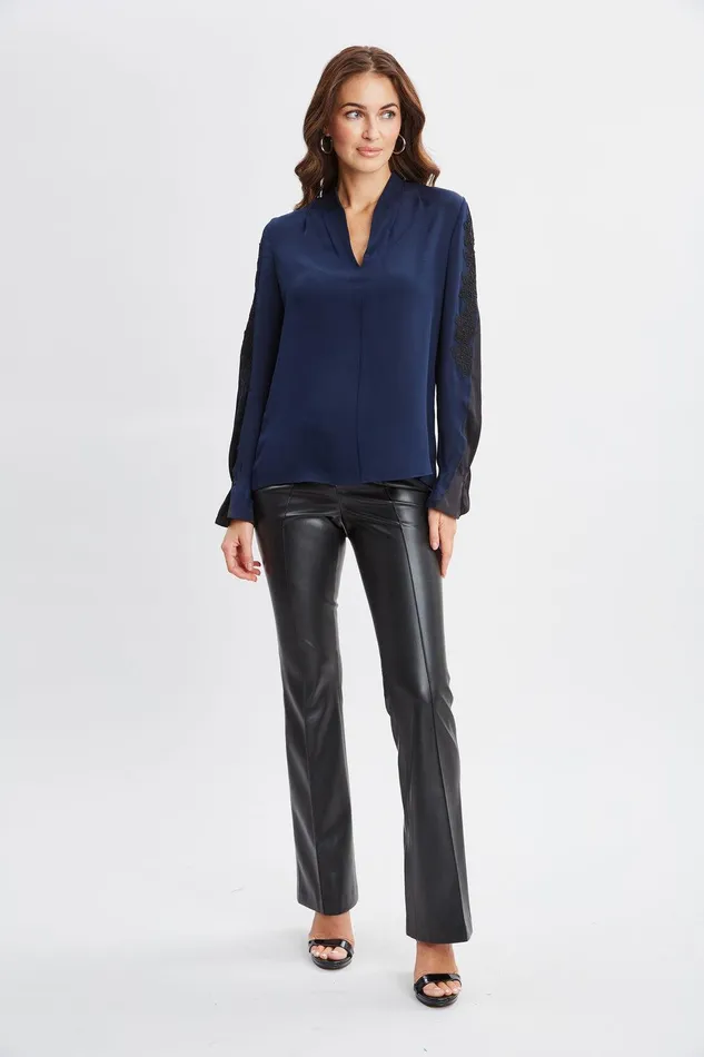 Elie Tahari Lace Sleeve Silk Shirt Midnight Women Tops