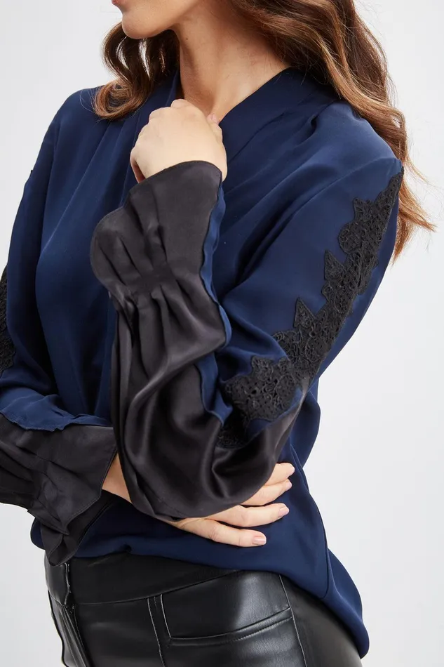 Elie Tahari Lace Sleeve Silk Shirt Midnight Women Tops