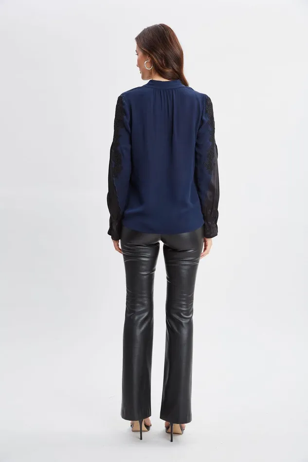 Elie Tahari Lace Sleeve Silk Shirt Midnight Women Tops