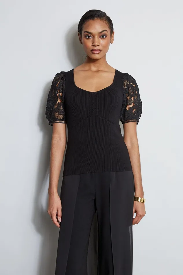 Elie Tahari Lace Sleeve Sweater Noir Women Tops