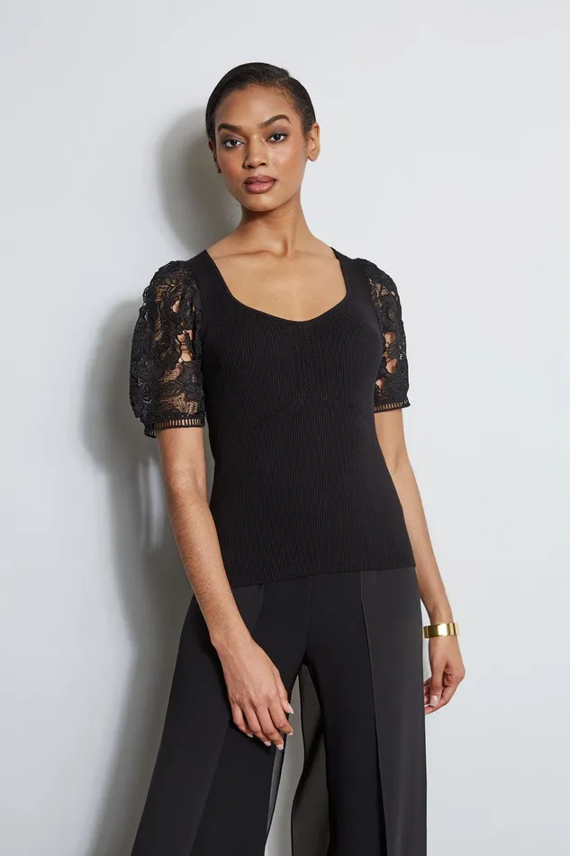 Elie Tahari Lace Sleeve Sweater Noir Women Tops