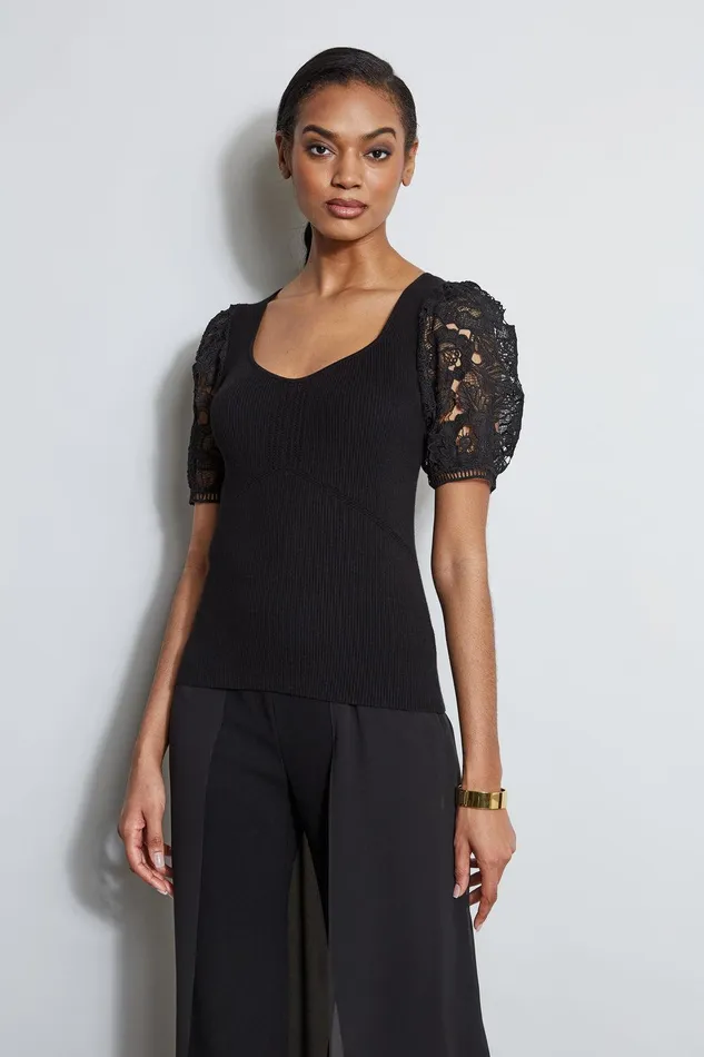 Elie Tahari Lace Sleeve Sweater Noir Women Tops