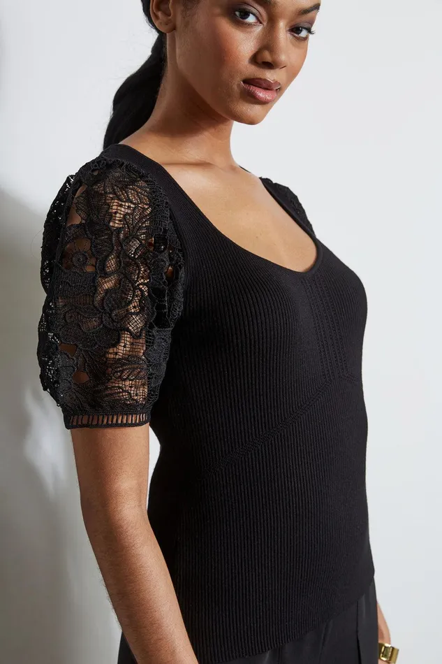 Elie Tahari Lace Sleeve Sweater Noir Women Tops