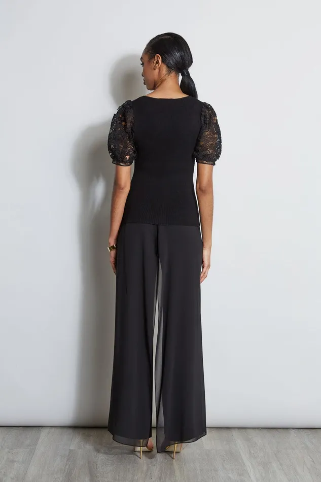 Elie Tahari Lace Sleeve Sweater Noir Women Tops