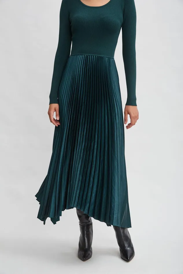 Elie Tahari Long Sleeve Knit Pleated Dress Juniper Women Dresses and Jumpsuits