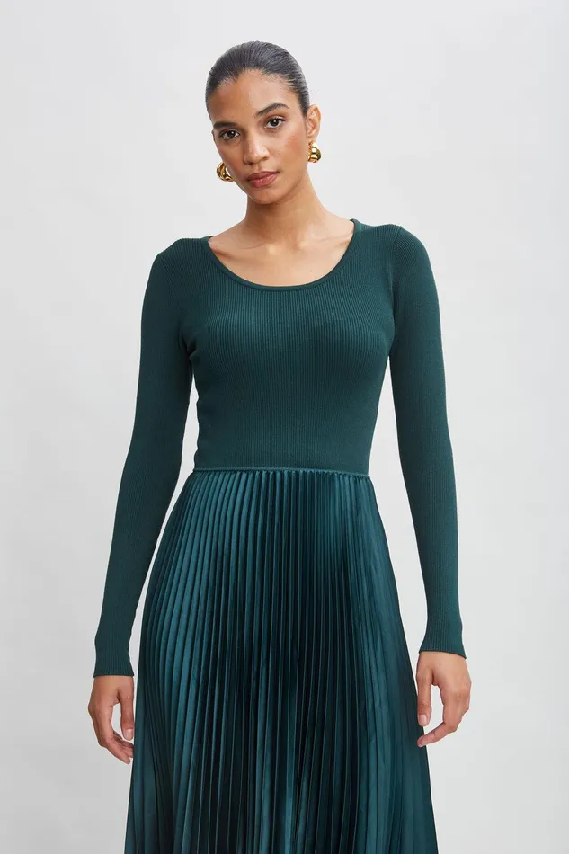 Elie Tahari Long Sleeve Knit Pleated Dress Juniper Women Dresses and Jumpsuits