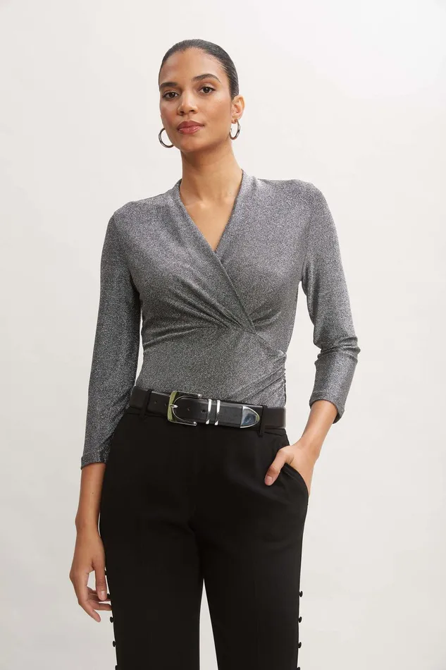 Elie Tahari Metallic Ruched Knit Gunmetal Women Tops