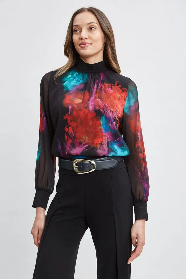 Elie Tahari Mock Neck Studio Floral Shirt Multi Women Tops
