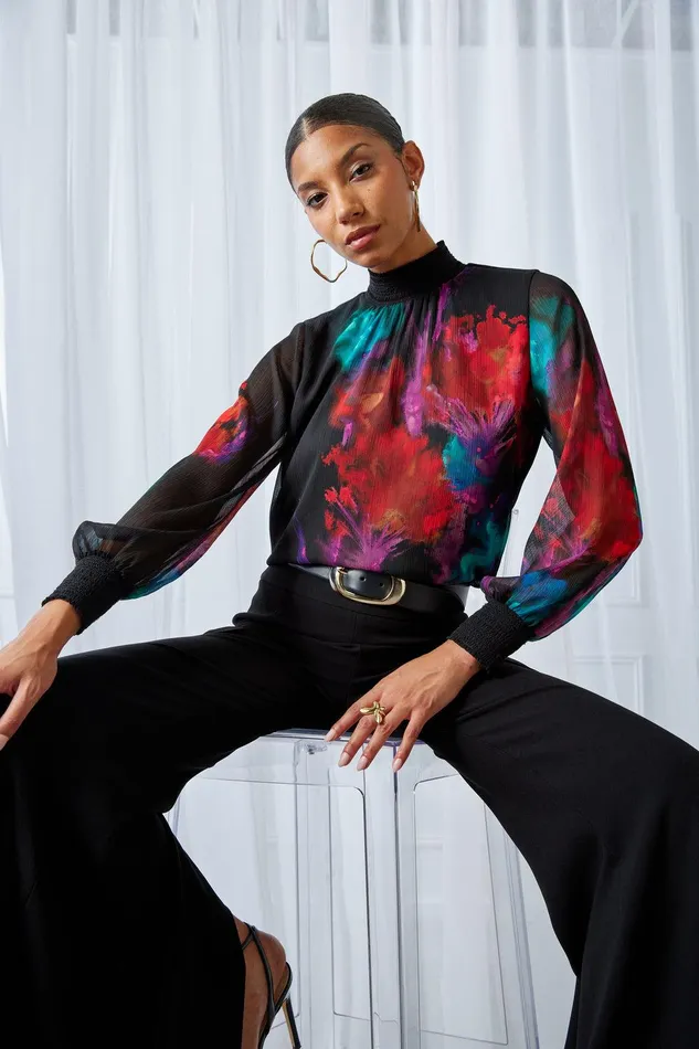 Elie Tahari Mock Neck Studio Floral Shirt Multi Women Tops