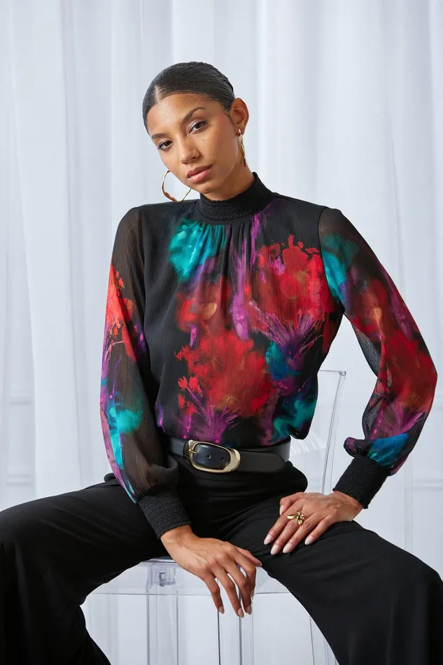 Elie Tahari Mock Neck Studio Floral Shirt Multi Women Tops