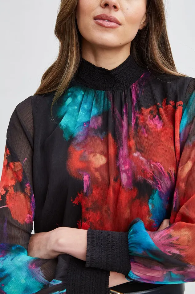 Elie Tahari Mock Neck Studio Floral Shirt Multi Women Tops