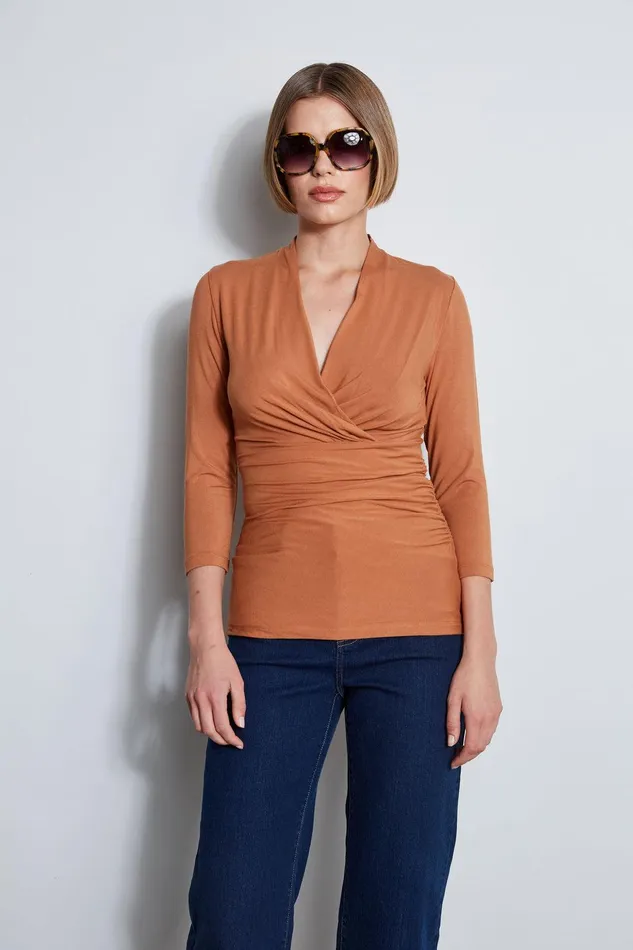 Elie Tahari Mock Wrap Knit Copper Women Tops