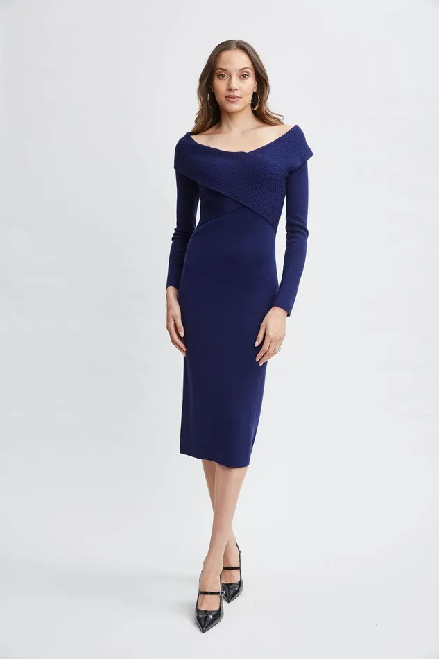 Elie Tahari Off Shoulder Wool Sweater Dress Deep Evening Blue Women Dresses and Jumpsuits Elie Tahari Off Shoulder Wool Sweater Dress Deep Evening Blue Women Dresses and Jumpsuits