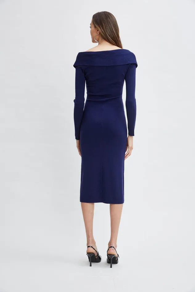 Elie Tahari Off Shoulder Wool Sweater Dress Deep Evening Blue Women Dresses and Jumpsuits