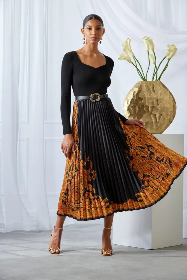 Elie Tahari Paisley Pleated Midi Dress Noirgilded Dream Print Women Dresses and Jumpsuits