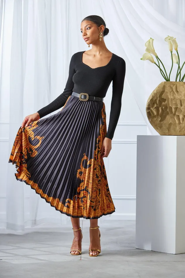 Elie Tahari Paisley Pleated Midi Dress Noirgilded Dream Print Women Dresses and Jumpsuits