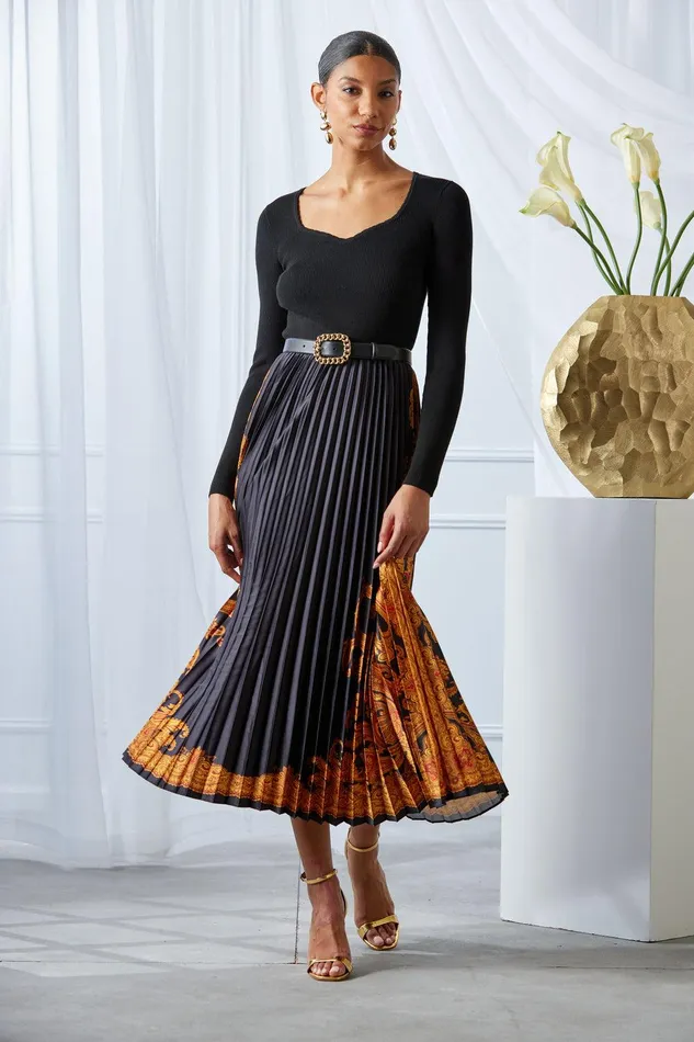 Elie Tahari Paisley Pleated Midi Dress Noirgilded Dream Print Women Dresses and Jumpsuits
