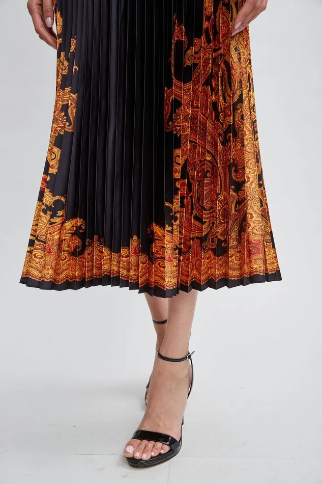 Elie Tahari Paisley Pleated Midi Dress Noirgilded Dream Print Women Dresses and Jumpsuits