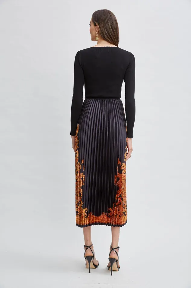 Elie Tahari Paisley Pleated Midi Dress Noirgilded Dream Print Women Dresses and Jumpsuits