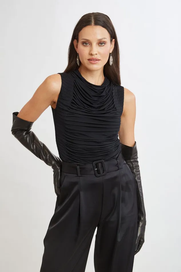 Elie Tahari Pleat Detail Matte Jersey Knit Black Women Tops