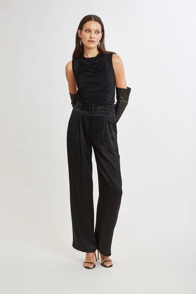 Elie Tahari Pleat Detail Matte Jersey Knit Black Women Tops