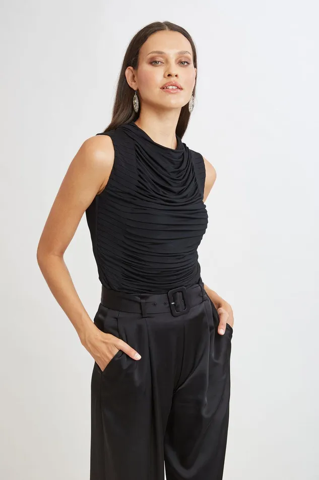 Elie Tahari Pleat Detail Matte Jersey Knit Black Women Tops