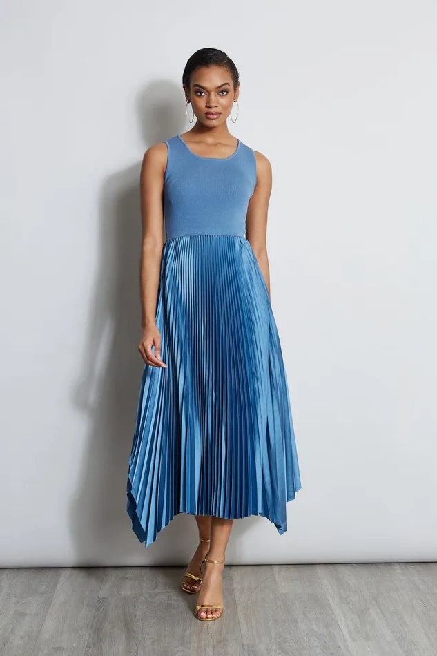 Elie Tahari Pleated Midi Dress Blue Breeze Women Dresses and Jumpsuits