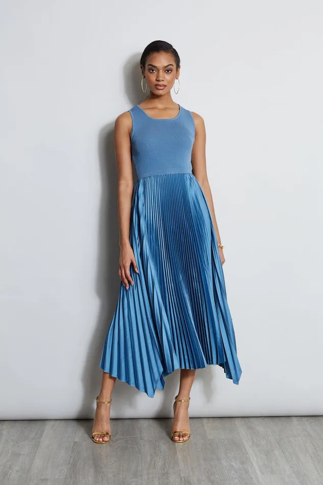Elie Tahari Pleated Midi Dress Blue Breeze Women Dresses and Jumpsuits
