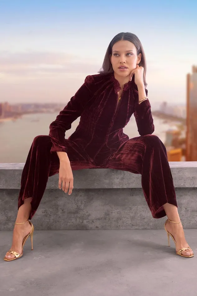 Elie Tahari Plisse Velvet Fluid Pant Burgundy Women Suiting
