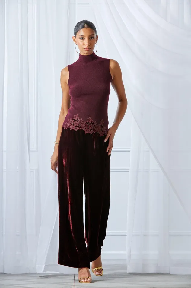 Elie Tahari Plisse Velvet Fluid Pant Burgundy Women Suiting